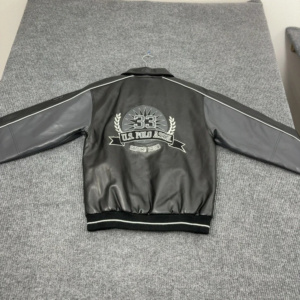 U.S. Polo Assn Jacket Boys L Black Polyurethane Faux Leather Bomber Varsity Moto